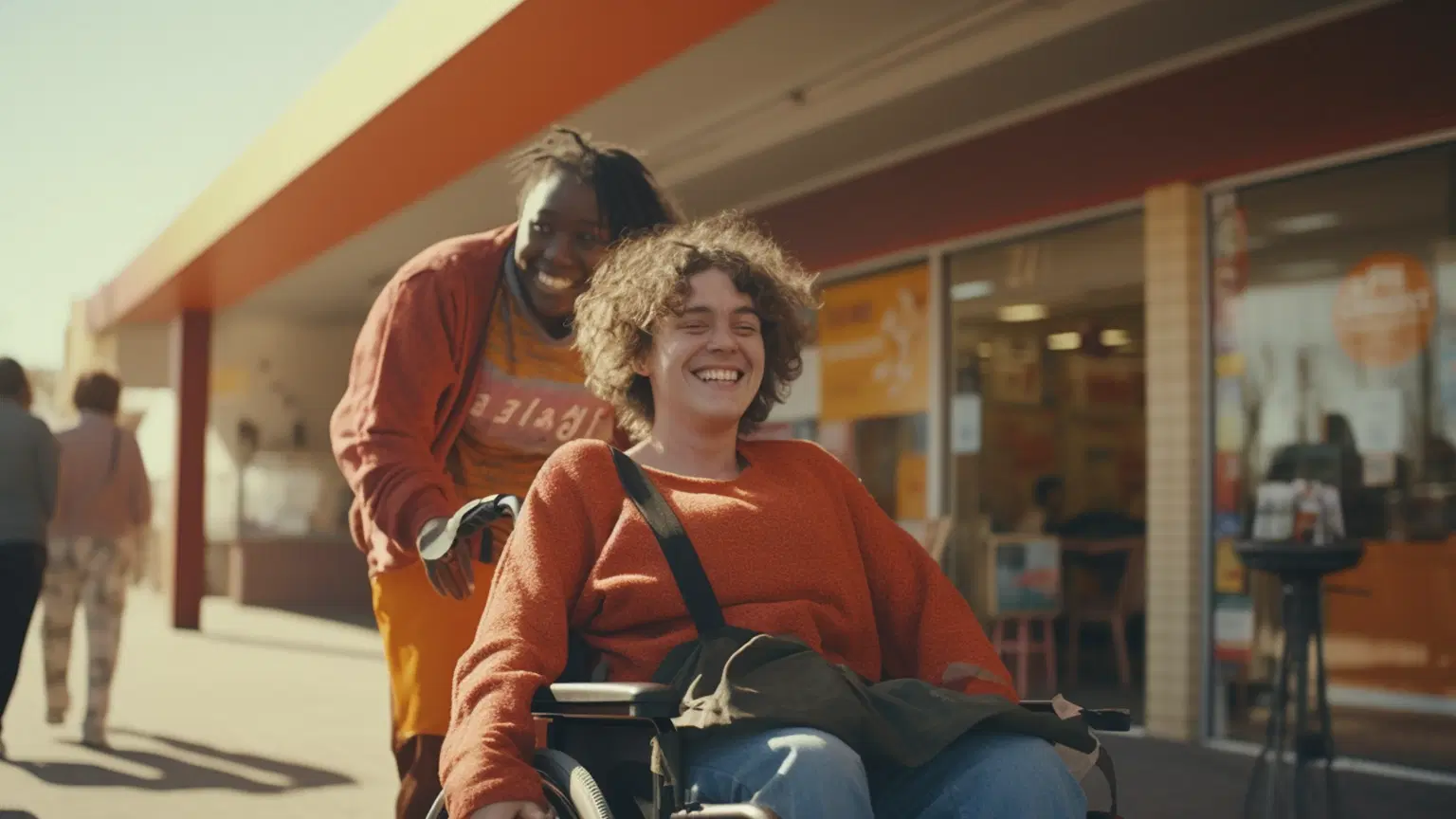 NDIS idea 2 A woman helping an smiling young guy in his weelchair