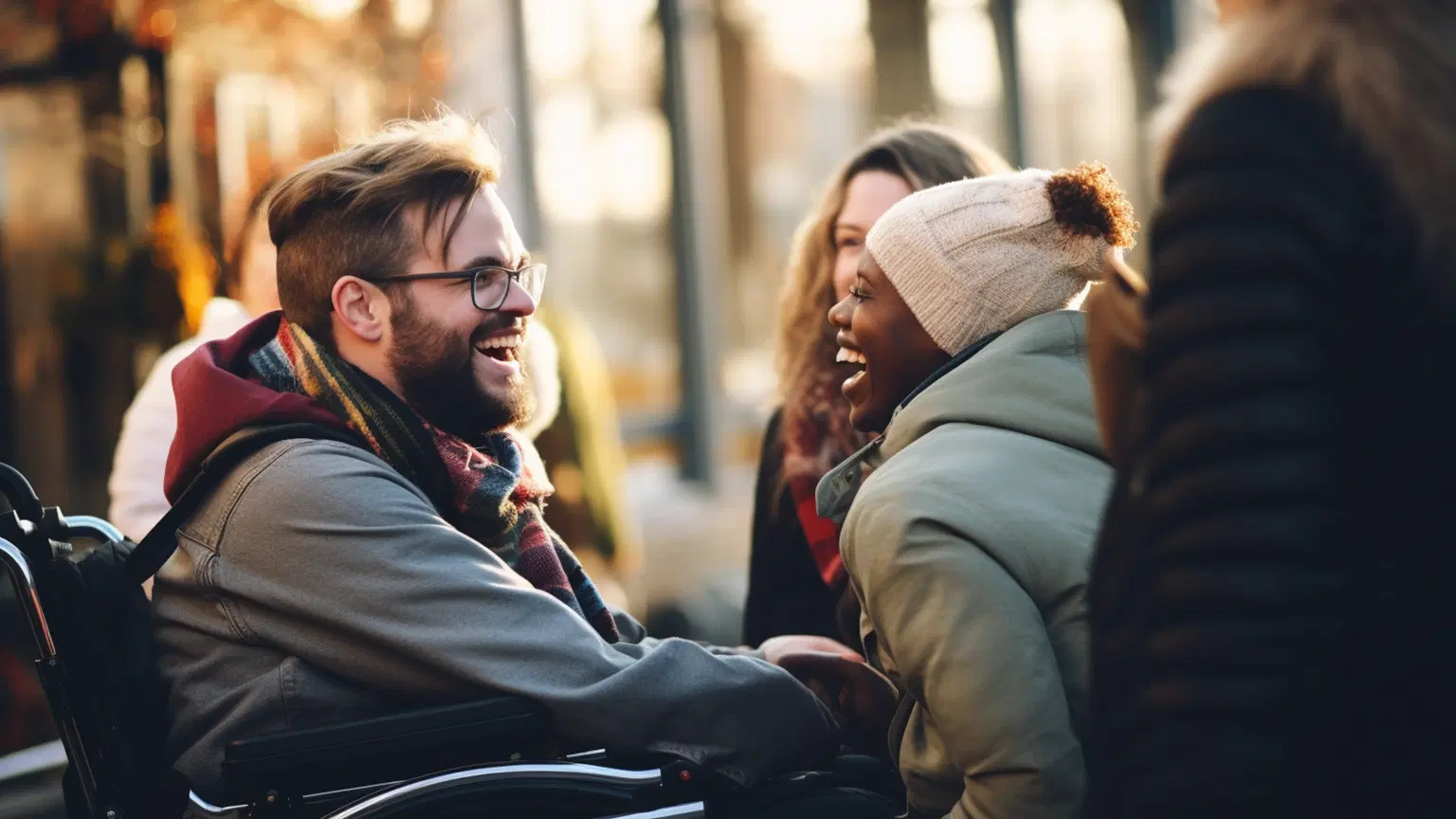 SIL descriptive image A man in a wheelchair enjoying life with 2 friends