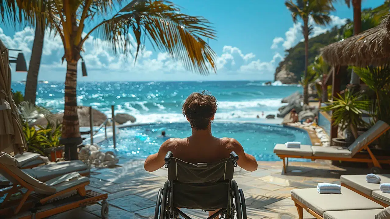 Top Accessible Beaches on the Sunshine Coast An NDIS participant man smiling while using his wheelchair and enjoying a beach in the Sunshine Coast