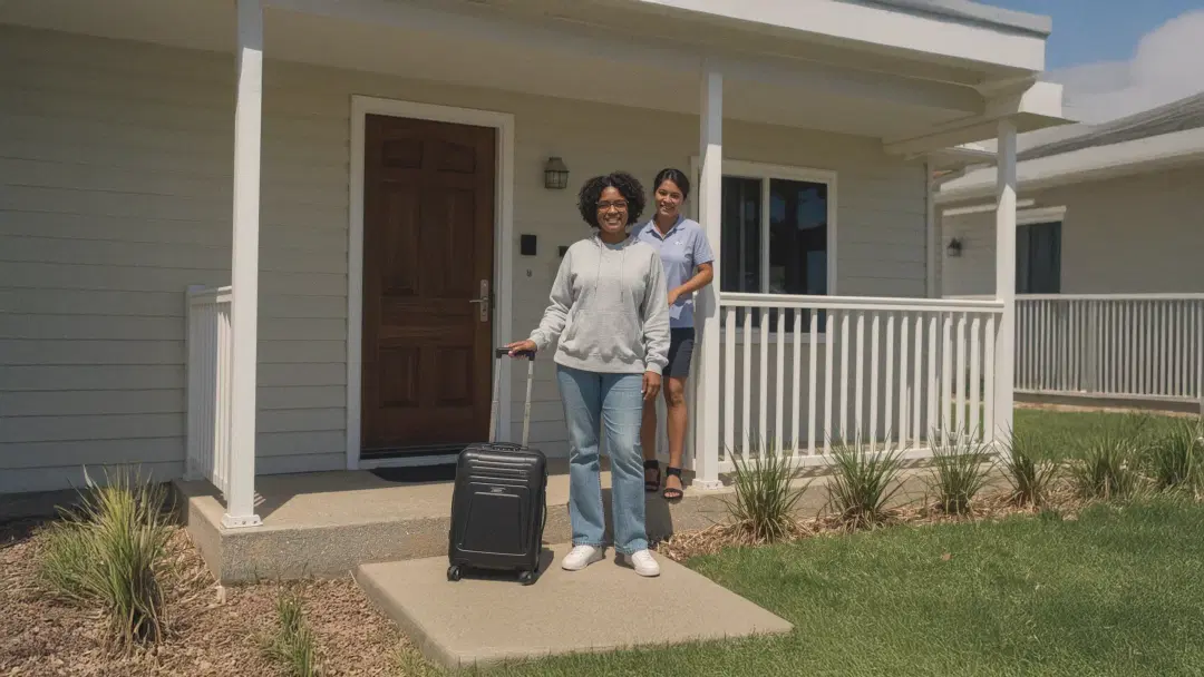 A young woman with a disability standing proudly in front of her new supported accommodation home. Support workers NDIS Brisbane. A young woman with a disability standing proudly in front of her new supported accommodation home, suitcase beside her, support worker nearby, sunny day in suburban Brisbane.