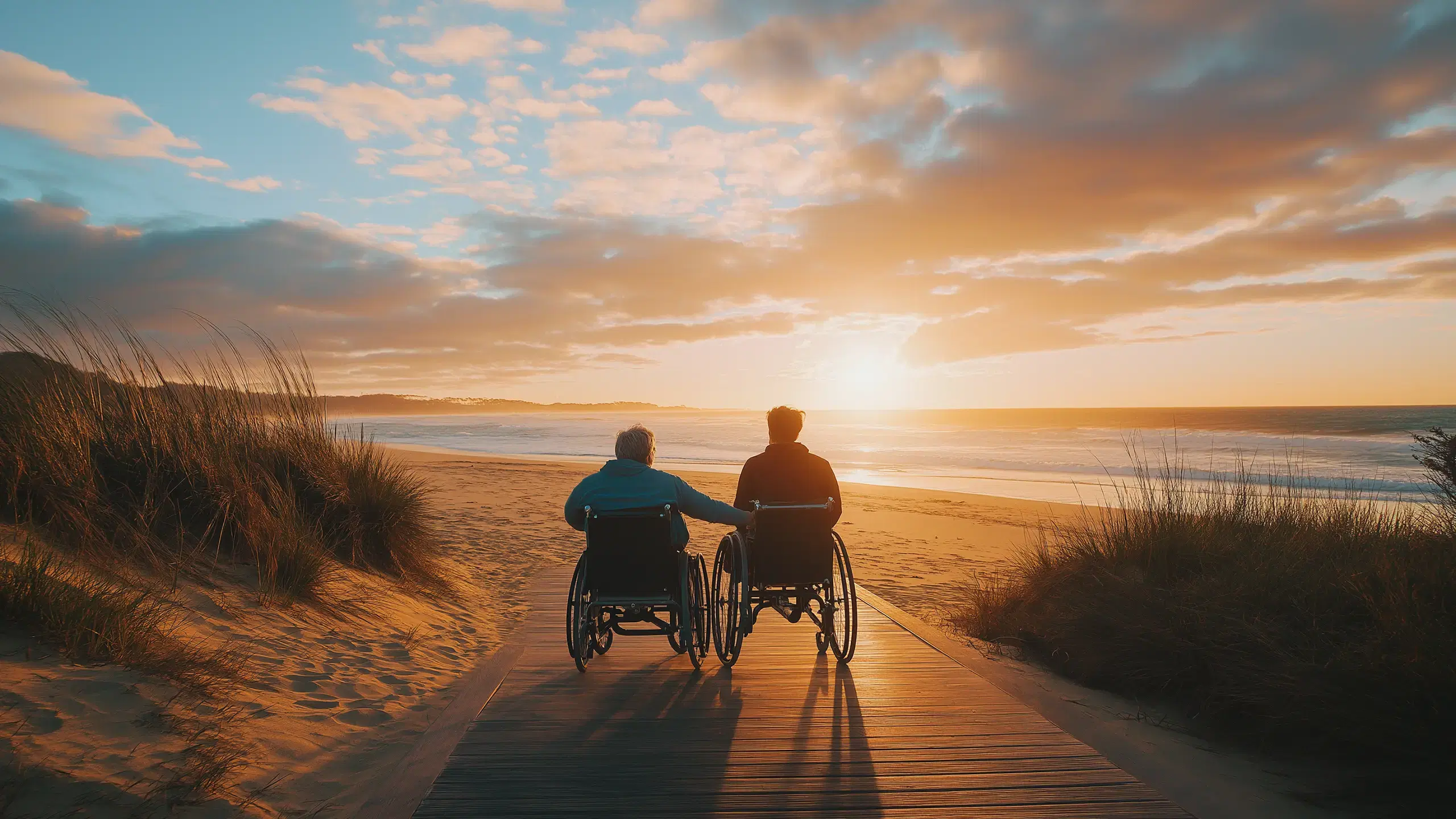 Accessible Sunshine Coast for NDIS Participants A NDIS participant couple in wheelchairs enjoying a beach in the Sunshine Coast