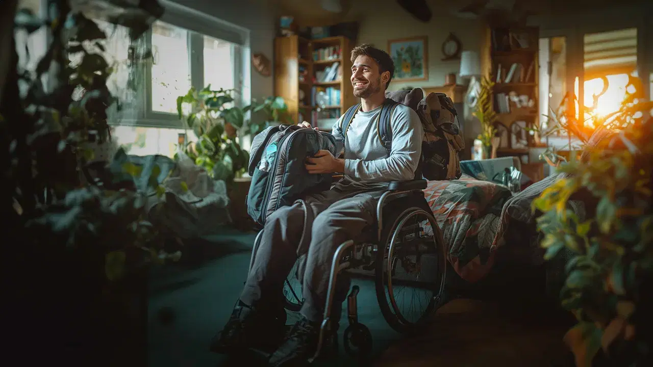 Key Benefits of NDIS Short-Term Accommodation Getaways A man smiling while using his wheelchair and enjoying a short term accommodation for NDIS